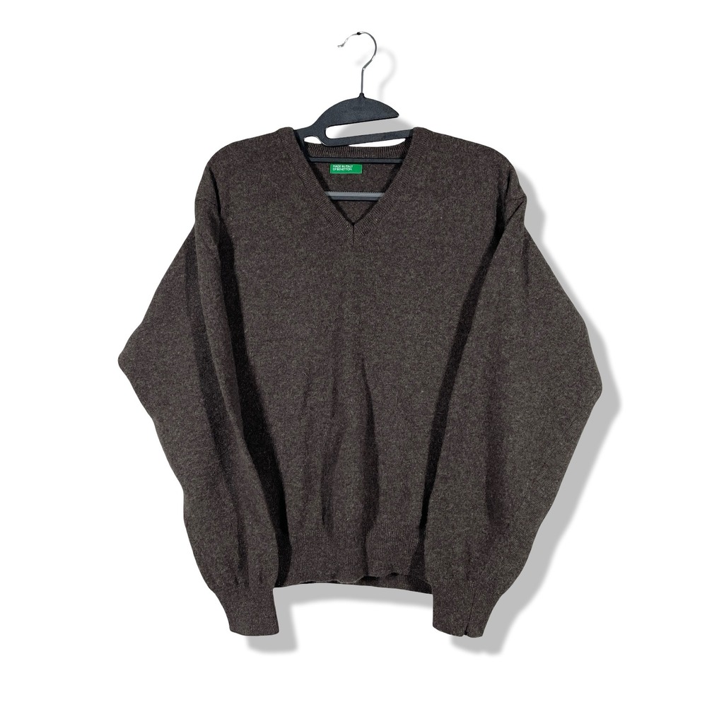 Benetton V-Neck Sweater Womens M Brown Wool Quiet Luxury Preppy Academic